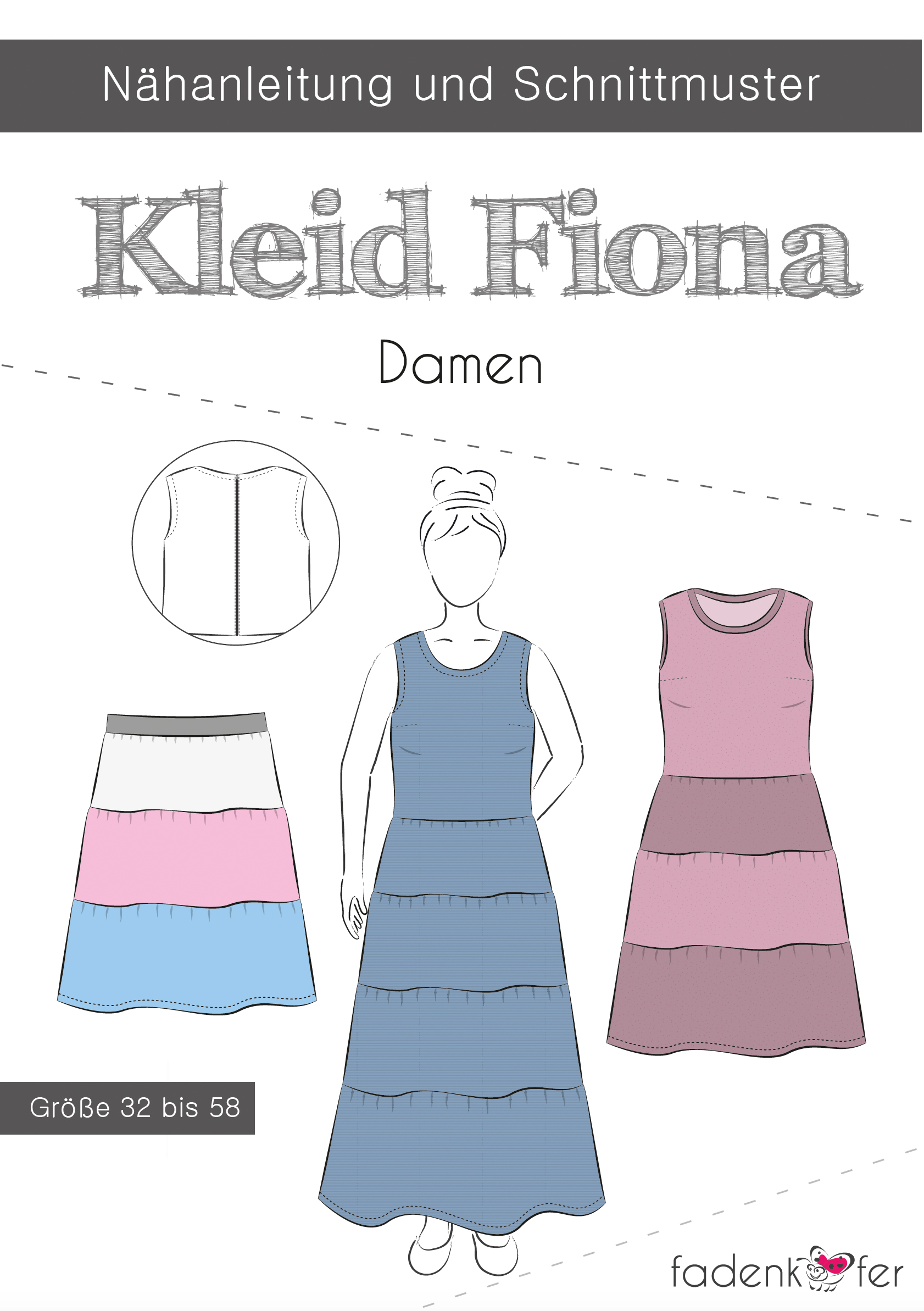 Kleid Fiona Damen,Papierschnitt,Fadenkäfer,Deckblatt mit Skizzen