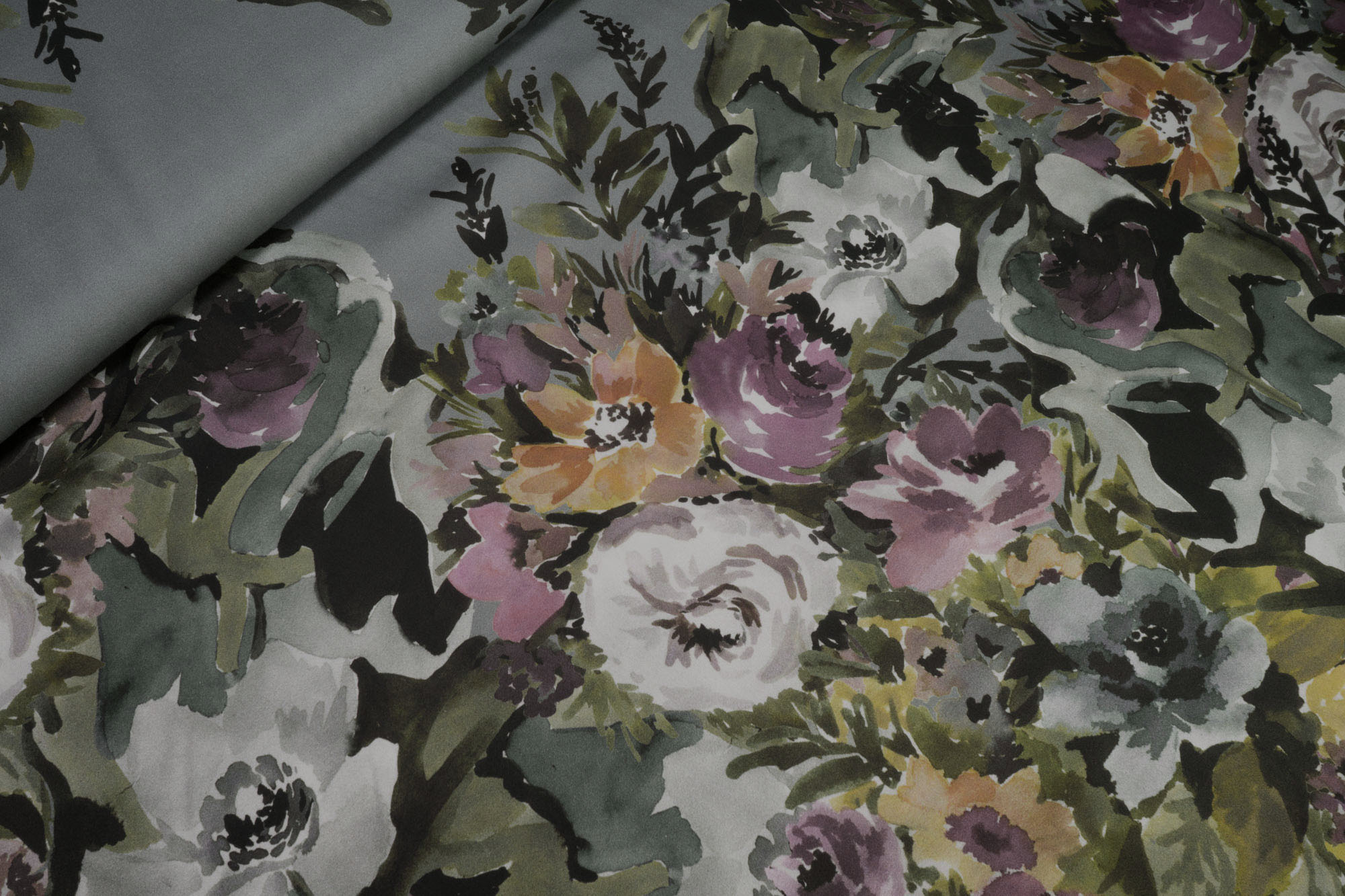 Viskose Satin Blumenprint auf grau