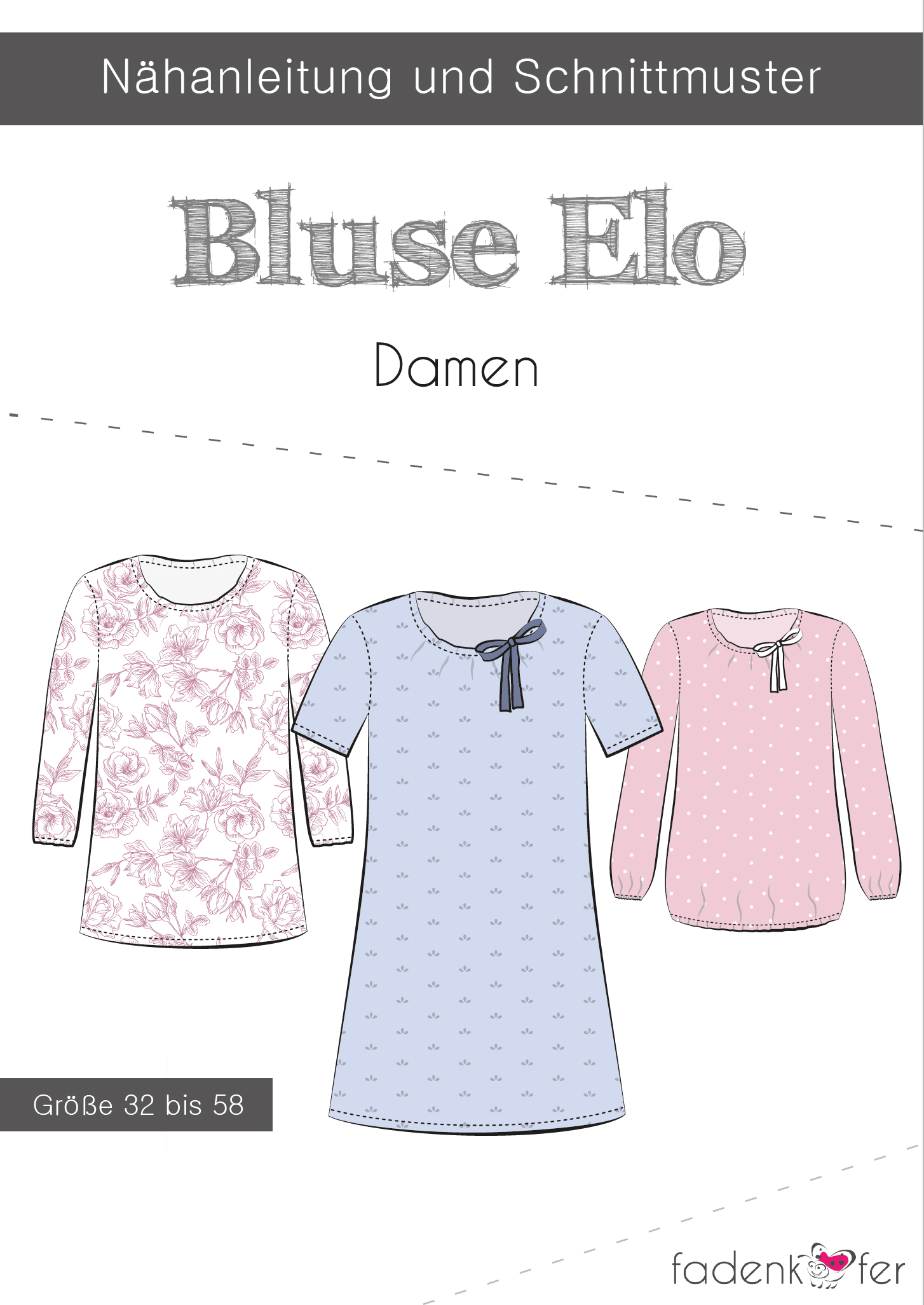 Bluse Elo Damen,Papierschnitt,Fadenkäfer,Deckblatt mit Skizzen von Kleid