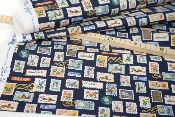 Cotton+Steel • Bon Voyage • Postage Stamps • Rifle Paper Co. • Navy Metallic